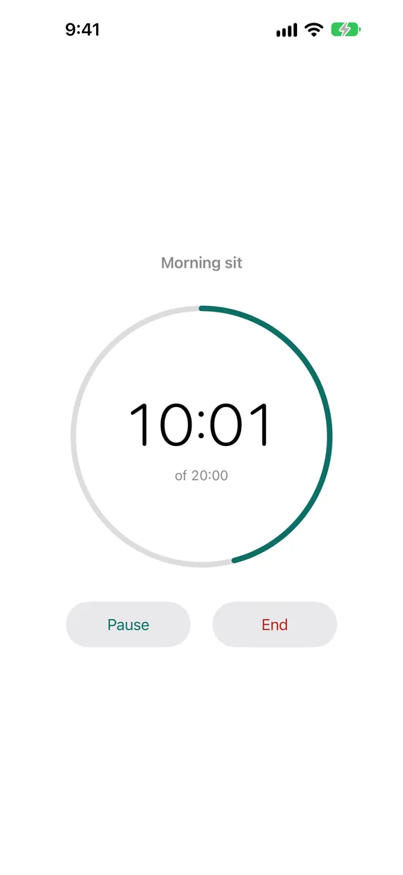 A session in progress at 10:01 of 20:00, with Pause and End buttons.