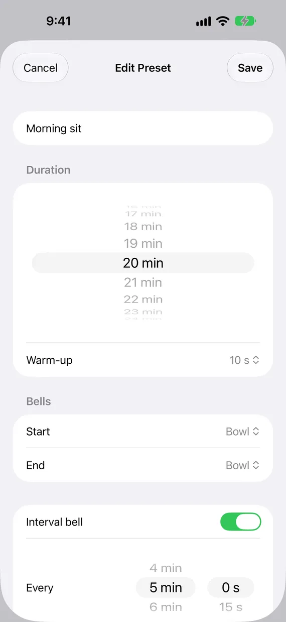 The preset editor: name, duration, warm-up, bells, and interval bell.